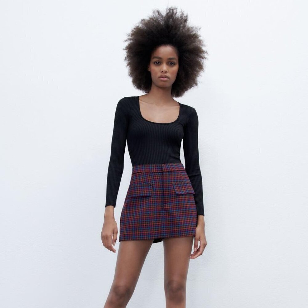 Zara Tweed Texture Plaid Mini Skort Size MEDIUM Marron, Blue, Check 3067/401/060